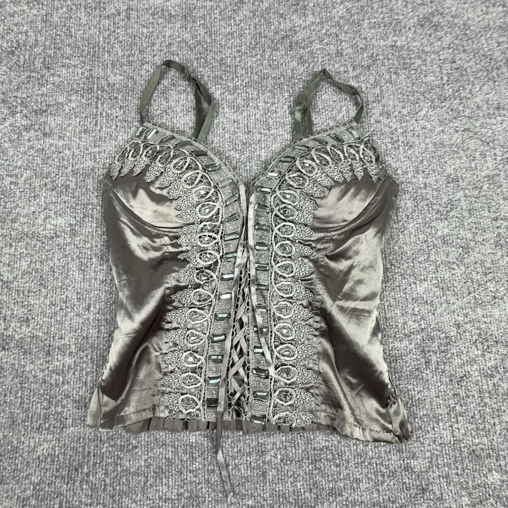 VTG Wildcat Bustier Top Womens Large Gray Satin Lace Rhinestone Lace Up Corset